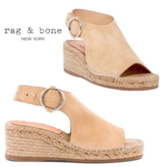 RAG & BONE Calla Dune Tan Suede Buckle Wedge Sandals Sz 37 / US 7-7.5 - Picture 1 of 16